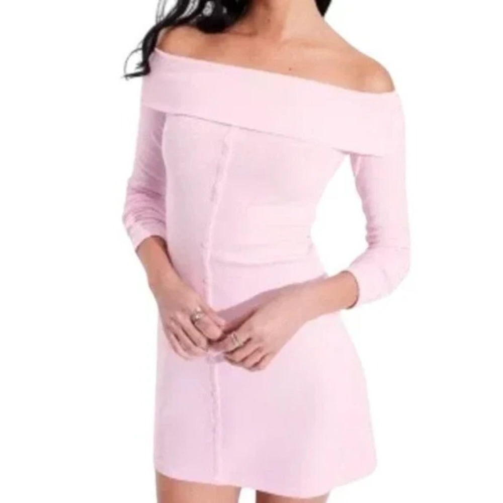 Wild Fable Women's Off Shoulder Long Sleeve Ribbed Pink Bodycon Mini Dress Sz-S